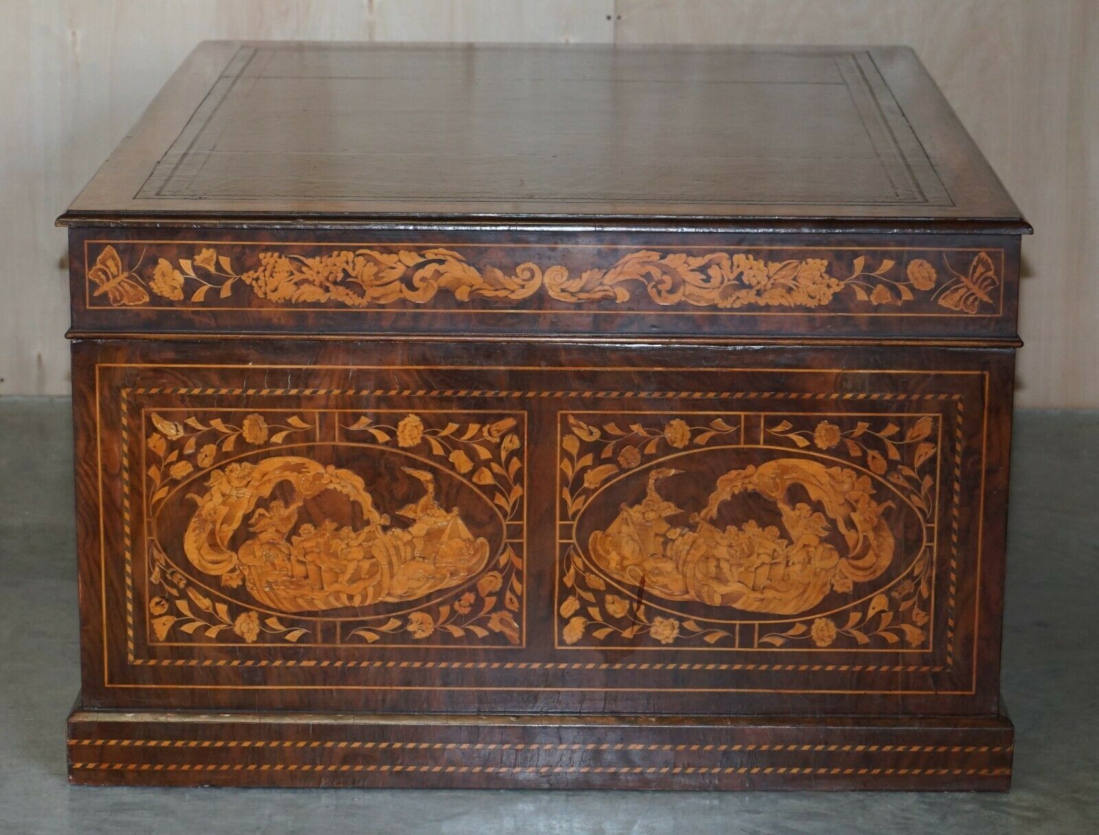 Antique Restored Dutch Marquetry Inlaid Double Sided Twin Pedestal Partners Desk photo vintage
