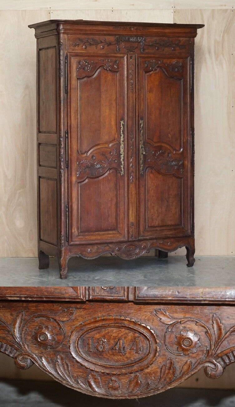 Antique 1844 Carved & Dated Large Wardrobe Armoire With Expertly Crafted Panels