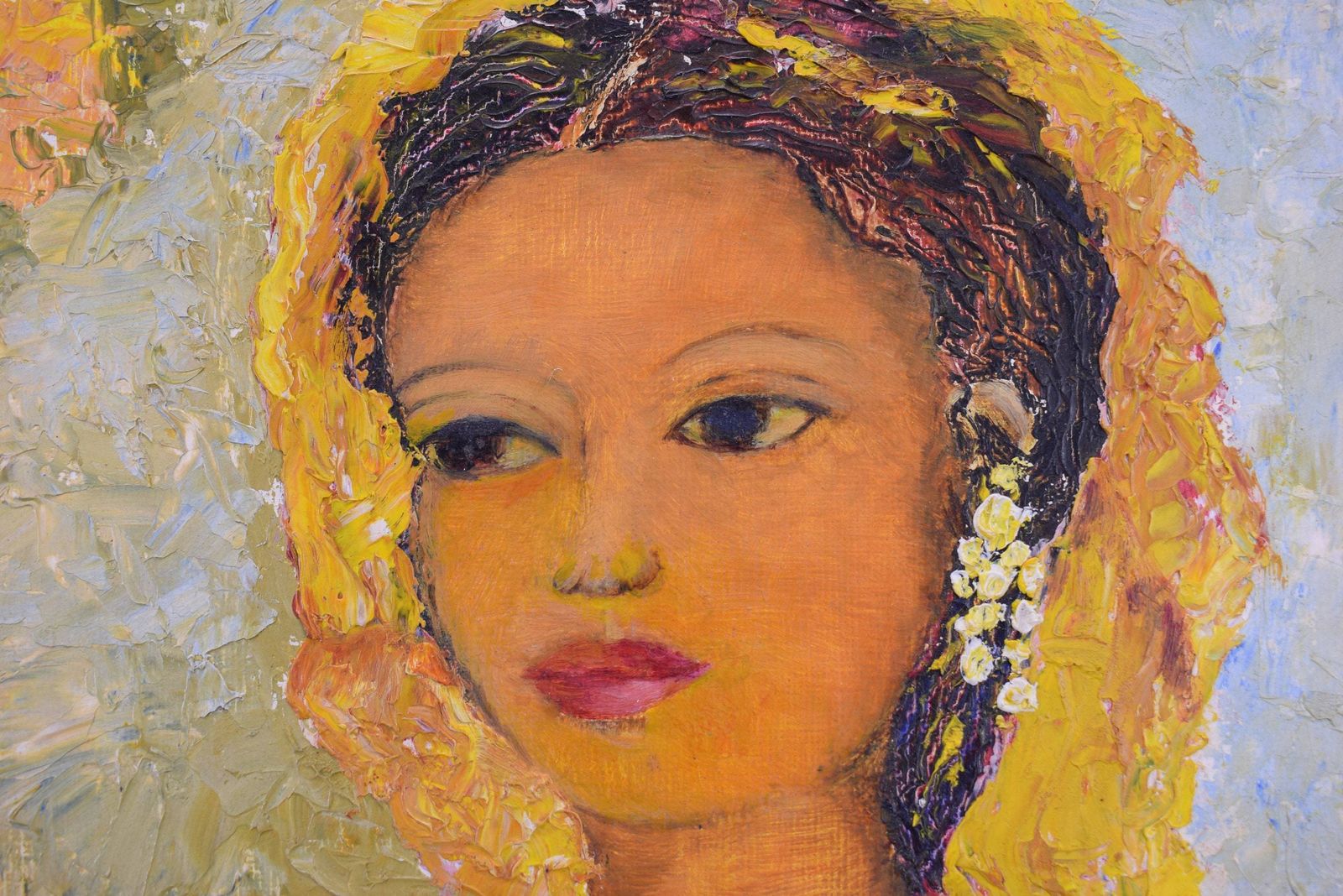 Yellow Oil Painting Woman Portrait Flowers photo buy