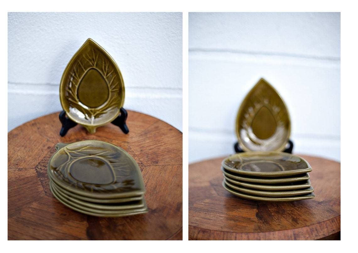 Service Ceramic Dish Secla Portugal X 6 , Dish Of Retro Olive Ceramic Leaves, Presentation Starter Dish, Tableware, Sheet Dish