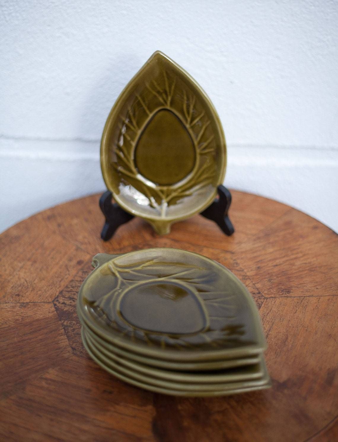 Service Ceramic Dish Secla Portugal X 6 , Dish Of Retro Olive Ceramic Leaves, Presentation Starter Dish, Tableware, Sheet Dish photo furniture