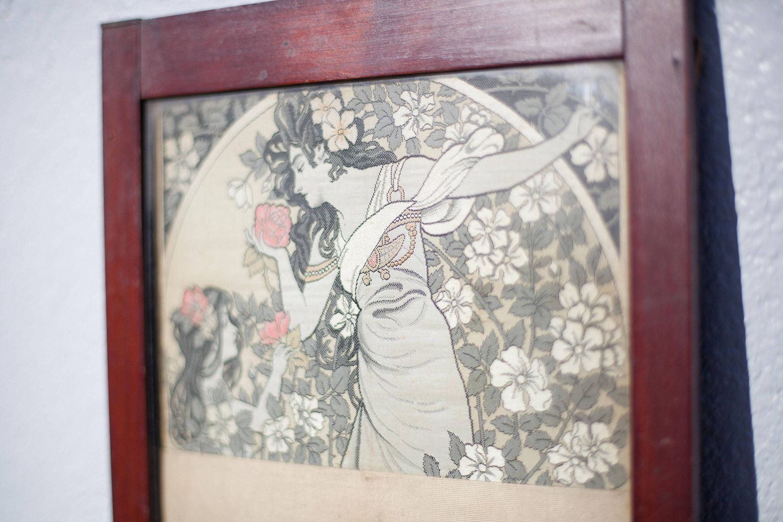 Old Art Nouveau Embroidery Frame, Wall Frame, Mucha Style Silk Embroidery, Art Nouveau Wood Photo Frame photo buy