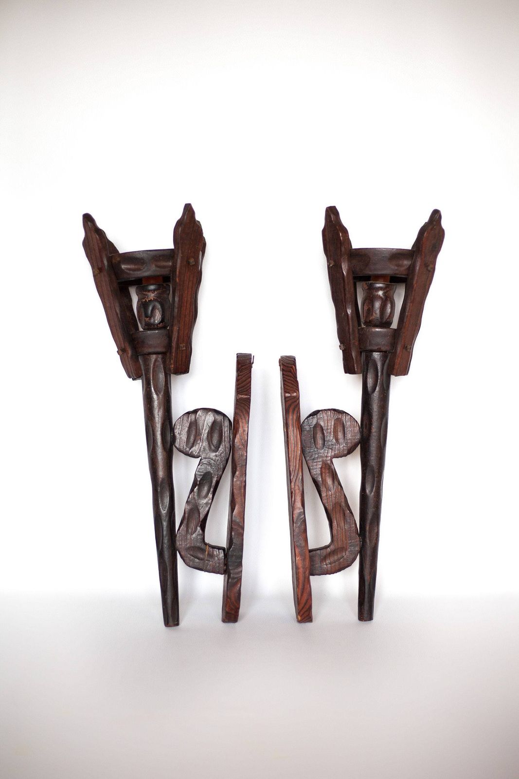 Pair Of Brutalist Wood Wall Candle Holders, Interior Design, Chalet, Countryside photo for sale