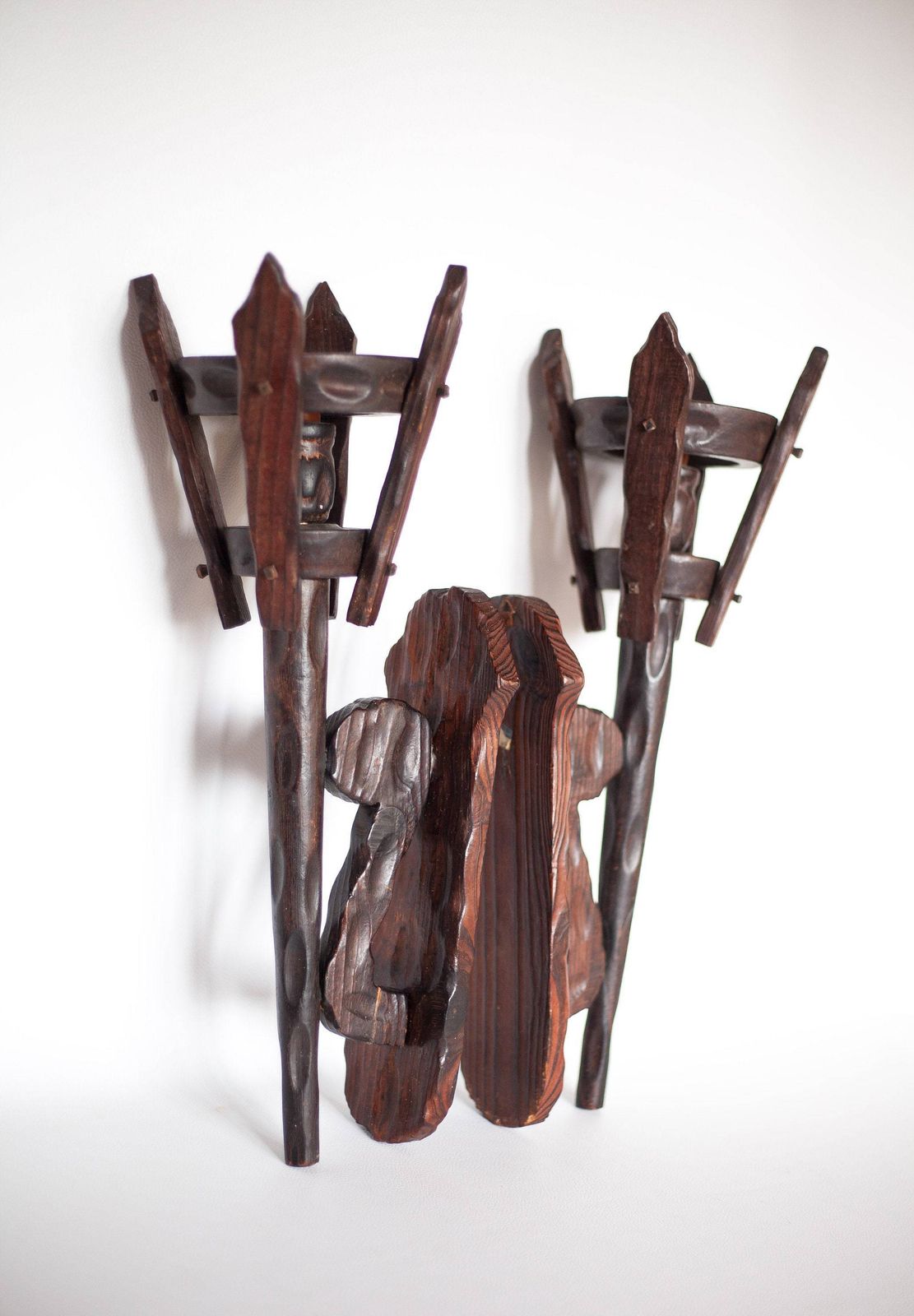 photo for sale Pair Of Brutalist Wood Wall Candle Holders, Interior Design, Chalet, Countryside