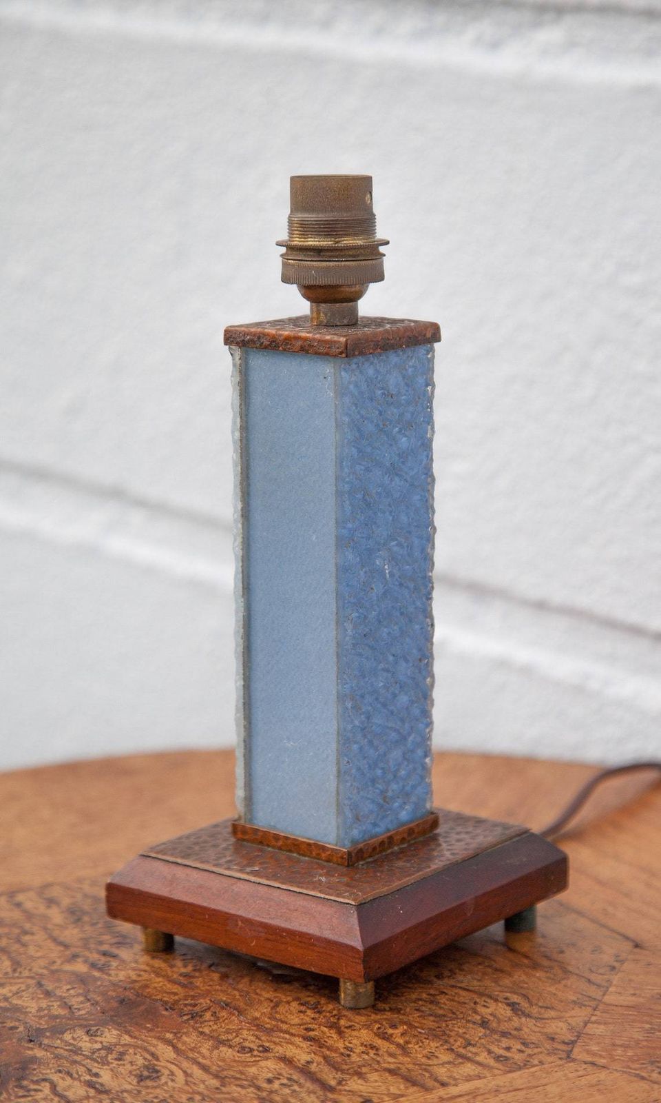 Art Deco Lamp Stand, Wood Glass And Copper Lamp Foot, Table Lamp, Art Deco, Interior Decoration, Bedside Lamp photo vintage