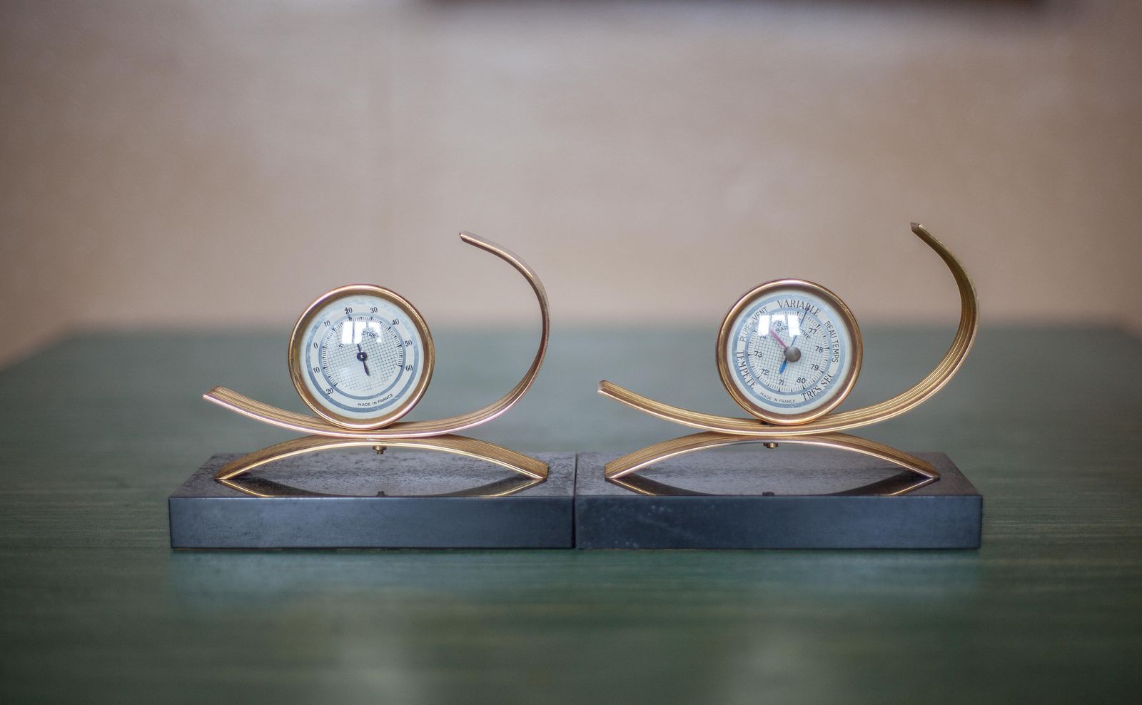 Pair Of Gold Starry Bookends, Thermometer And Barometer, Clipboard, Modernist, Library, Office, Paperweight, Bookends photo furniture