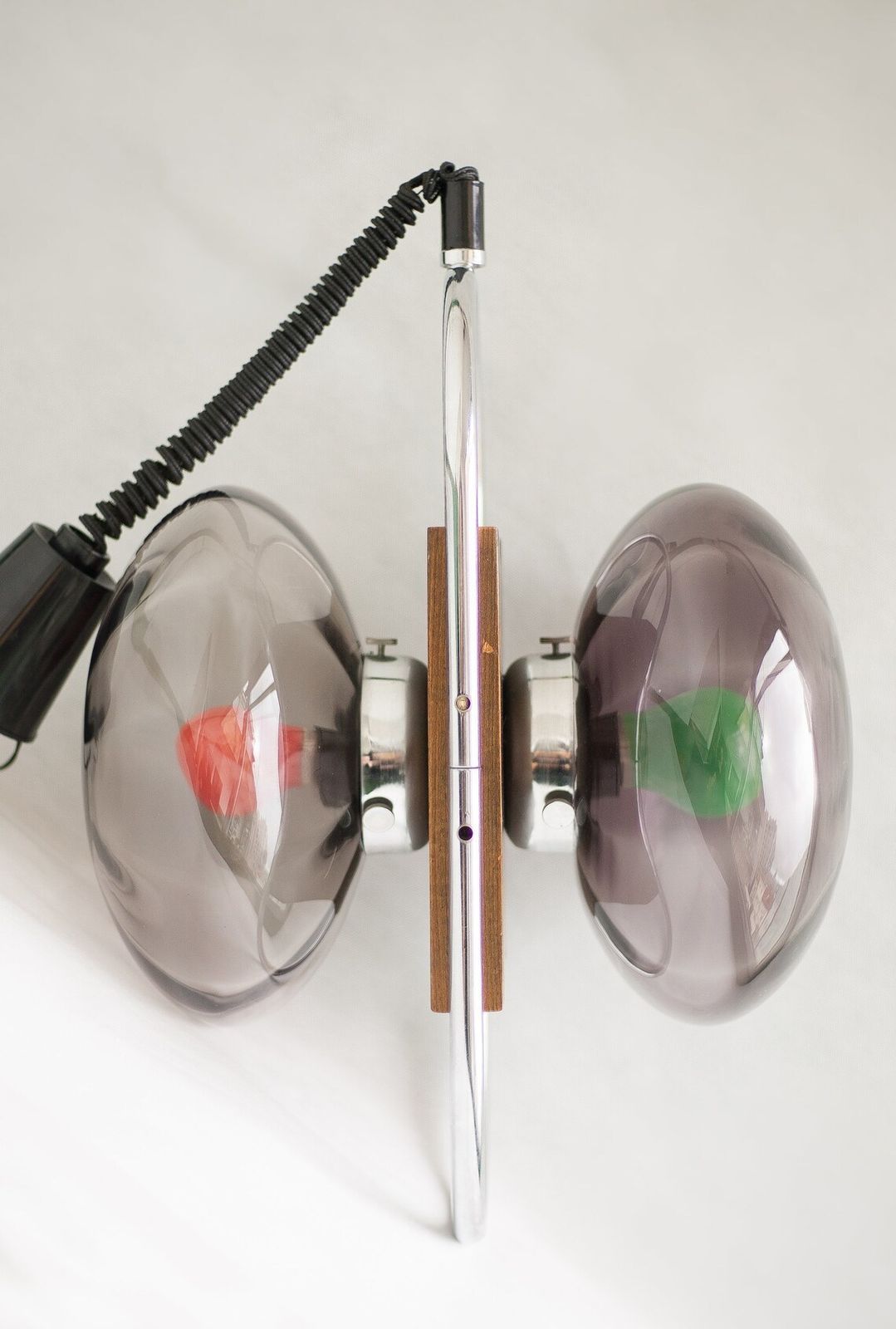 Vintage Scandinavian Pendant Lamp Chrome Metal Chandelier 2 Globe Smoked Glass Lighting, Space Age Tomic Design Scandinavian, Modernist Ceiling Lamp