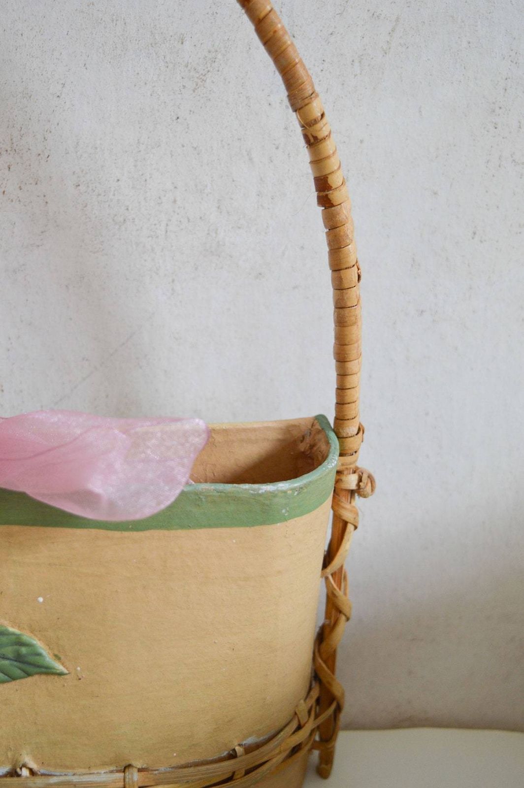 Antique French Shabby Chic Paper Mache Basket With Handle, Beautiful Hand Crafted Storage Letter Organizer With Wooden Roses And Leaves photo Home Decor