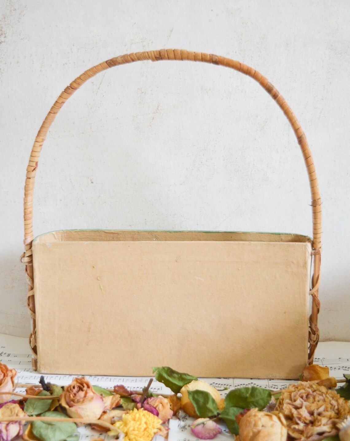 Antique French Shabby Chic Paper Mache Basket With Handle, Beautiful Hand Crafted Storage Letter Organizer With Wooden Roses And Leaves photo vintage