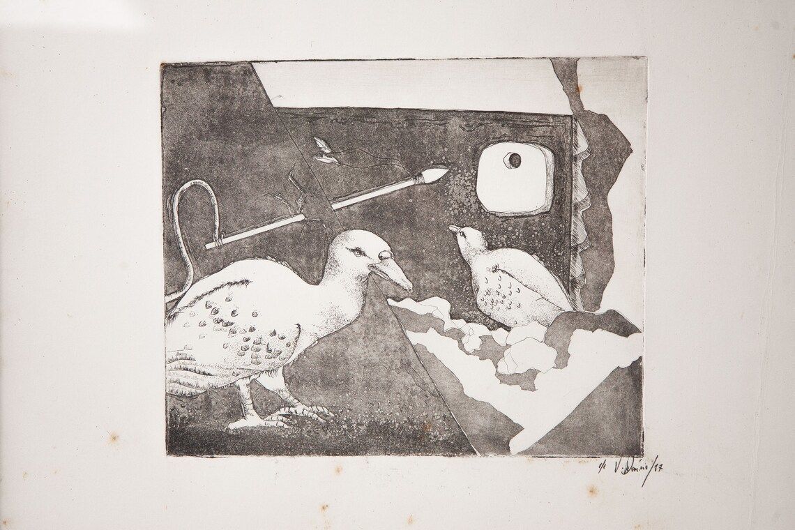 Vintage Painting Ink Drawing From China Signed Work  Cubism  Surrealism  Black And White  Wall Decoration  Birds  80s photo furniture