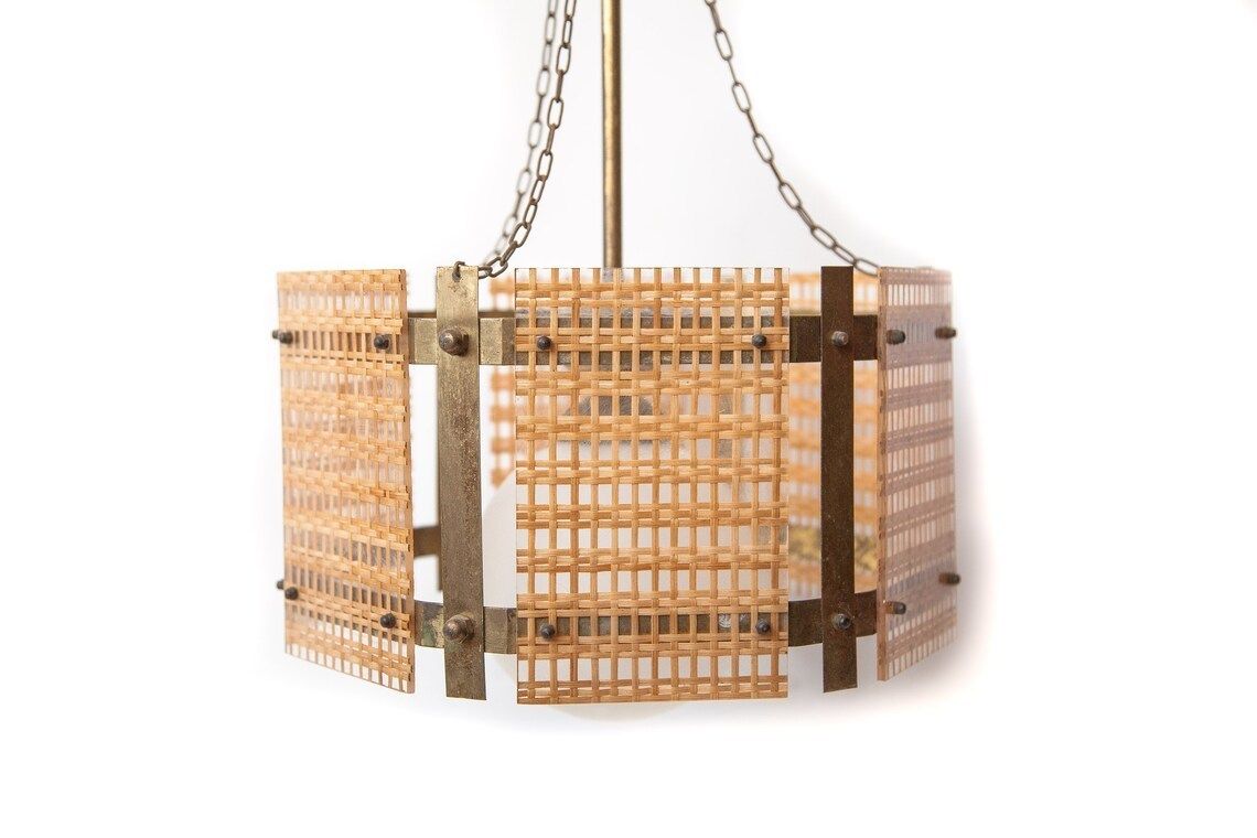 Vintage Pendant Lamp  Plexiglass Rattan Suspension With Brass Frame  Ball Globe  Hexagonal Suspension  Pendant Light 70's photo furniture