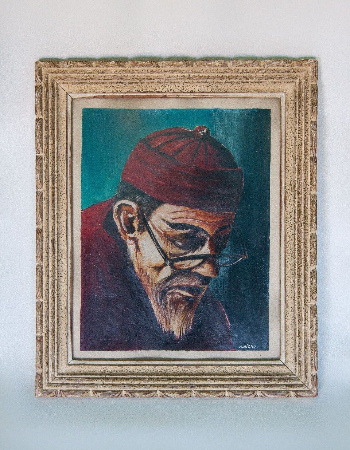 Vintage Painting Oil Painting Signed Painting Portrait Man (Mandarin) Wall Decoration Wood Frame Oil Painting