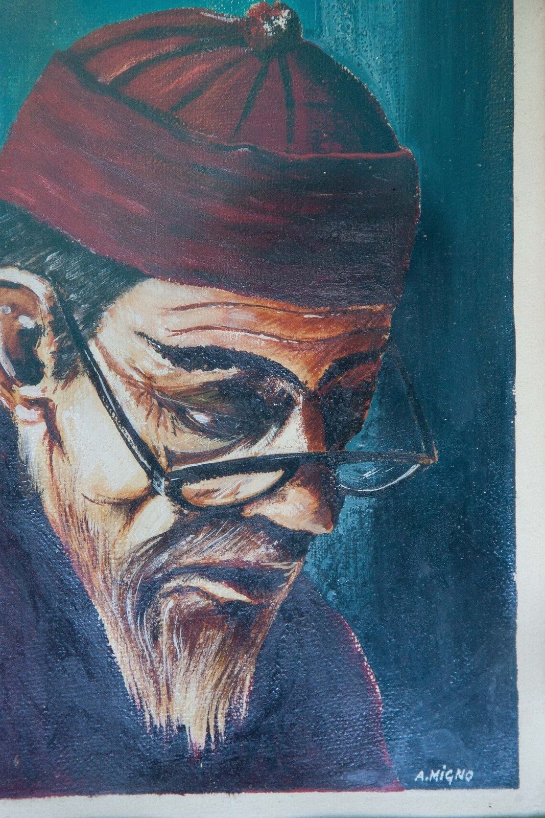 Vintage Painting Oil Painting Signed Painting Portrait Man (Mandarin) Wall Decoration Wood Frame Oil Painting photo for sale