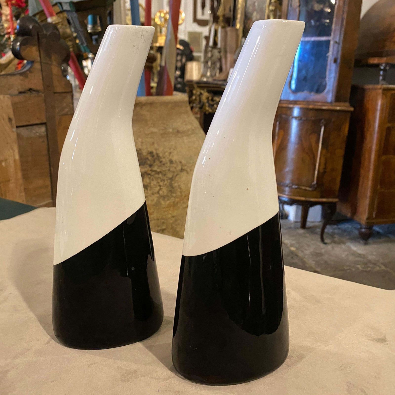 1960s Set Of Two Black And White Italian Ceramic Vases By La Donatella photo furniture
