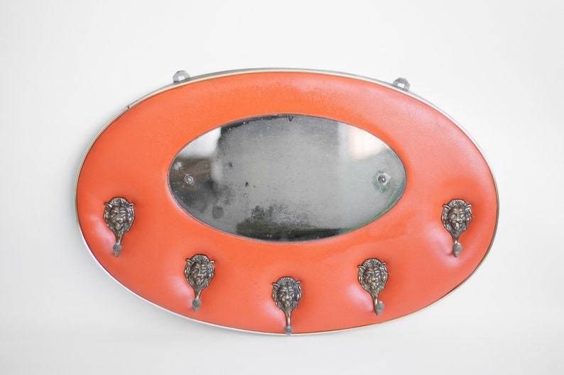 Vintage Coat Rack Orange Skaï  Cloakroom Hooks,Lion  Oval Mirror Entrance  Wall photo Furniture