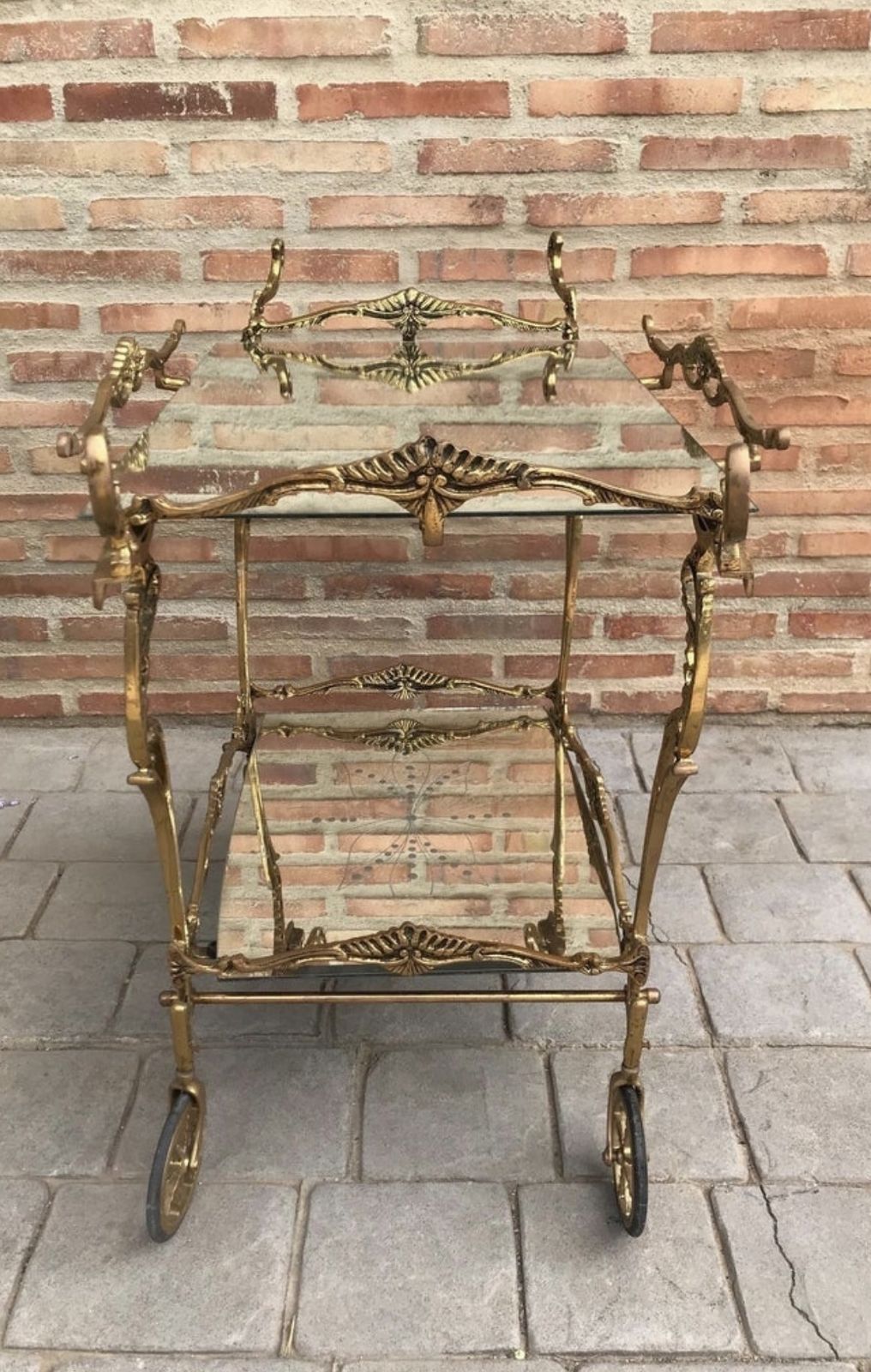 Furniture Baroque Style Brass Two Tier Bar Cart, 1950s photo