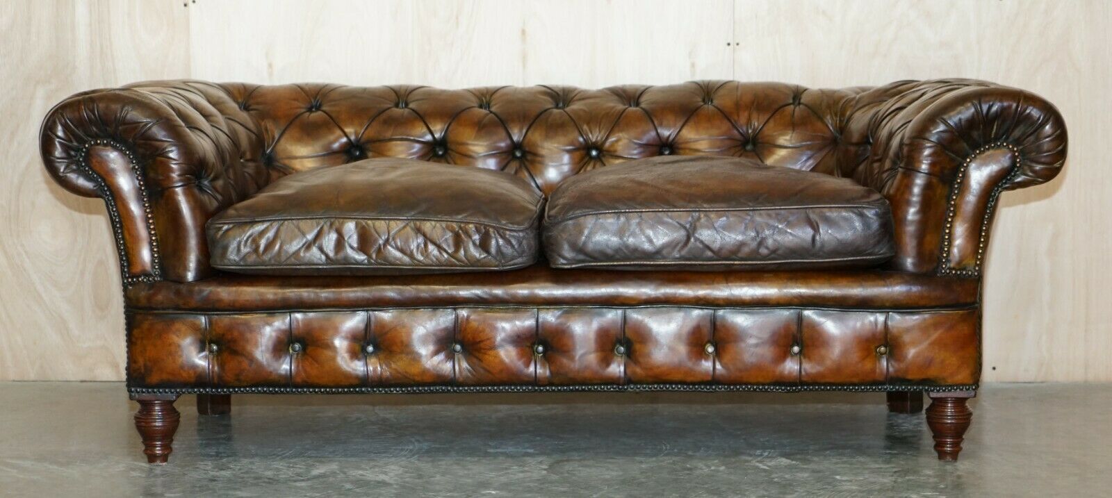 Antique Victorian Chesterfield Tufted Brown Leather Sofa Feather Filled Cushions photo furniture