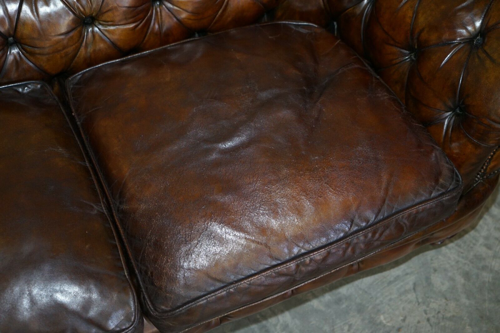 Antique Victorian Chesterfield Tufted Brown Leather Sofa Feather Filled Cushions photo vinterior