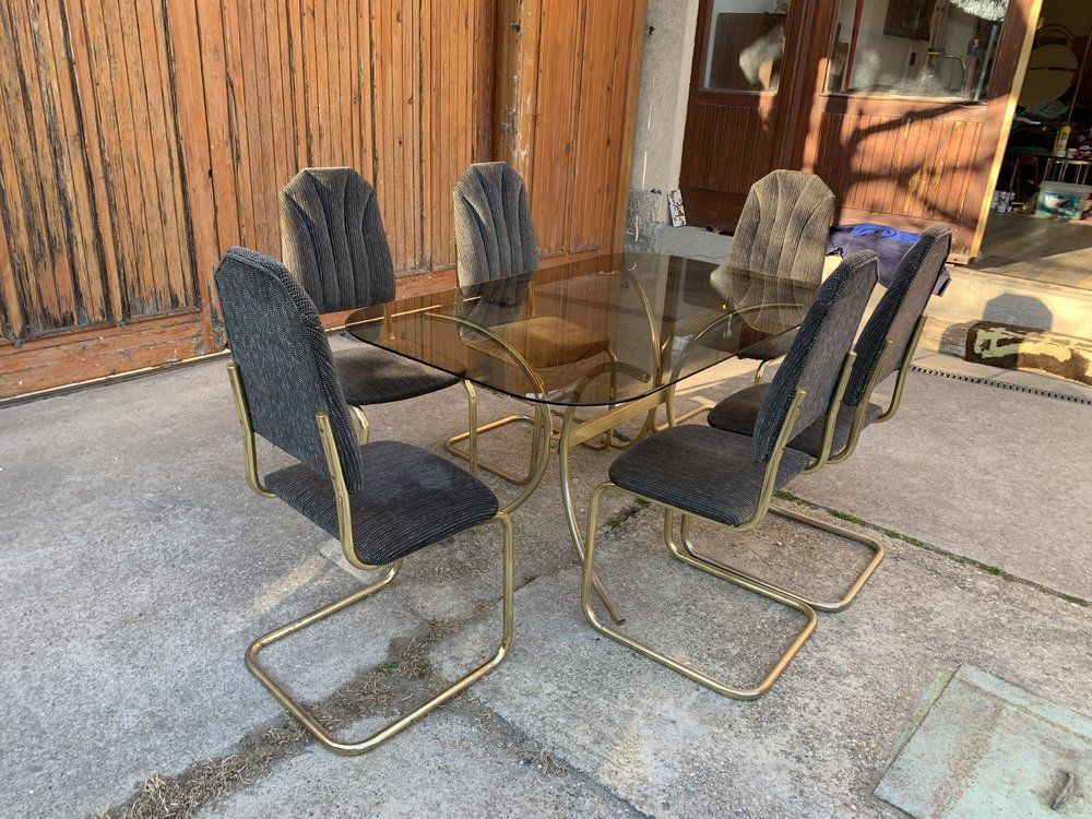 Vintage Italian Dining Chairs And Table In Brass, 1970s, Set Of 7 photo vinterior
