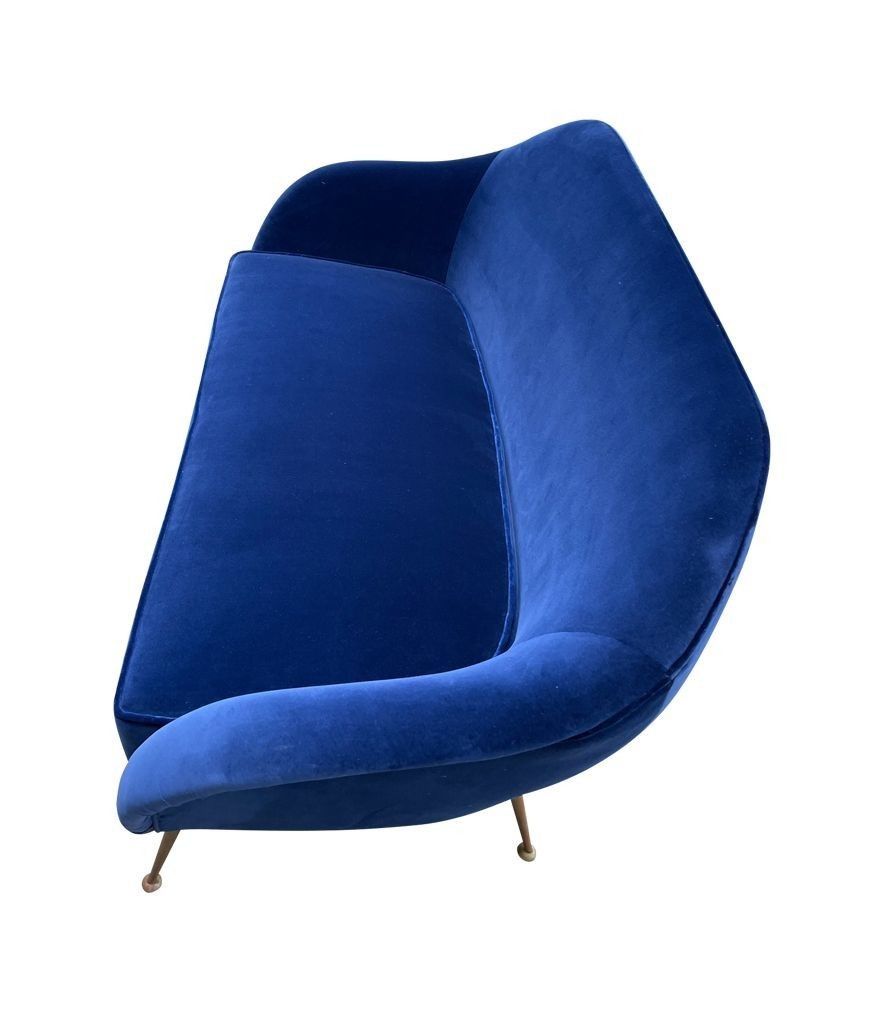 A1950s Italian Two Seater Sofa With Brass Legs Newly Upholstered In Blue Velvet photo vintage