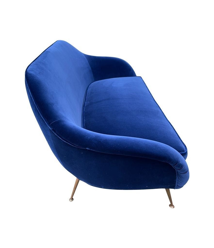 Furniture A1950s Italian Two Seater Sofa With Brass Legs Newly Upholstered In Blue Velvet photo