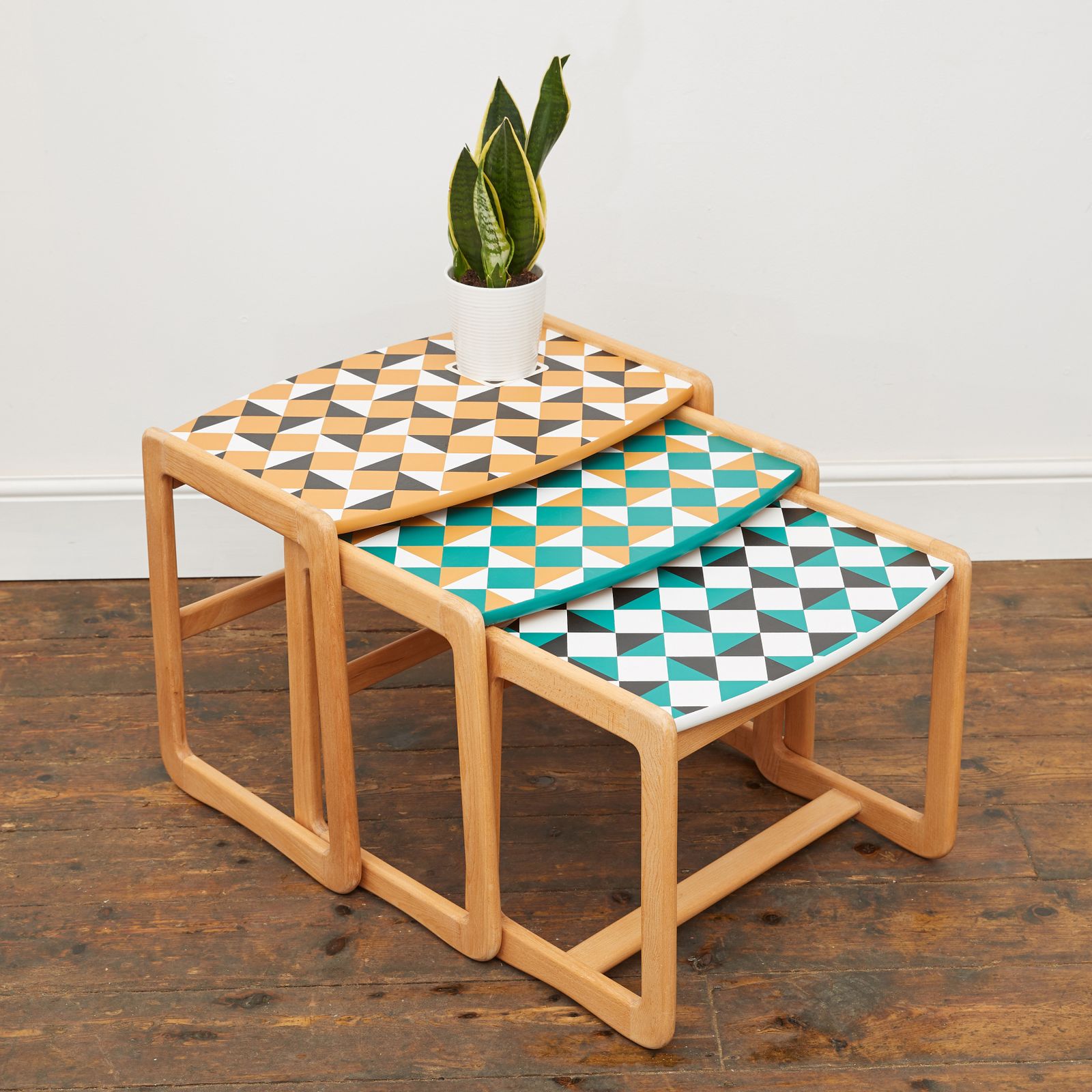 Gplan Style Mid Century Nest Of Tables With Hand Painted Geometric Pattern