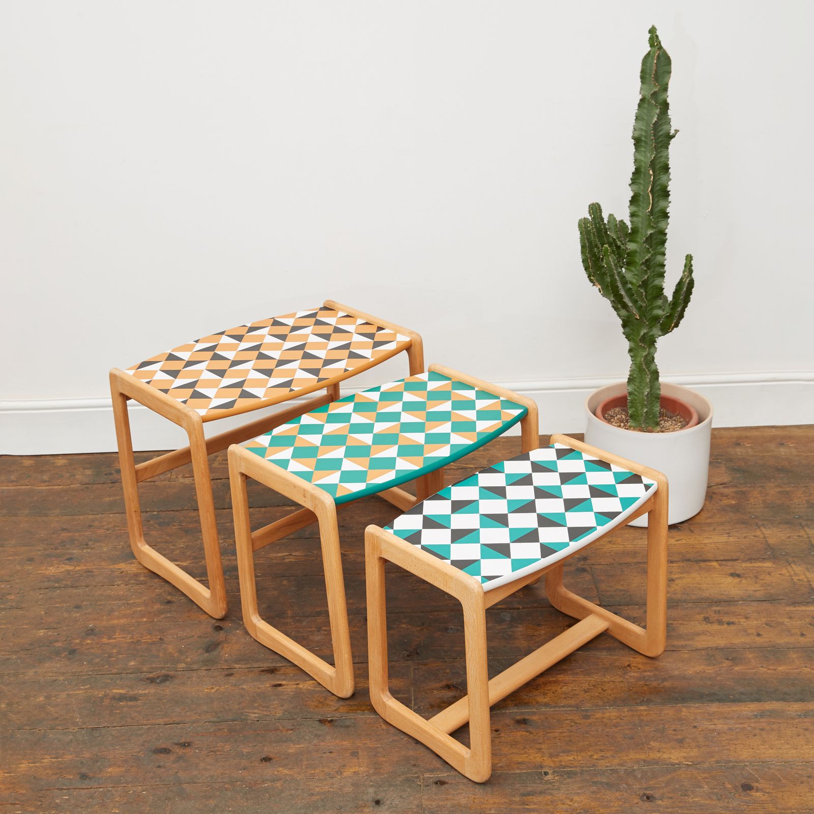 Gplan Style Mid Century Nest Of Tables With Hand Painted Geometric Pattern photo Furniture