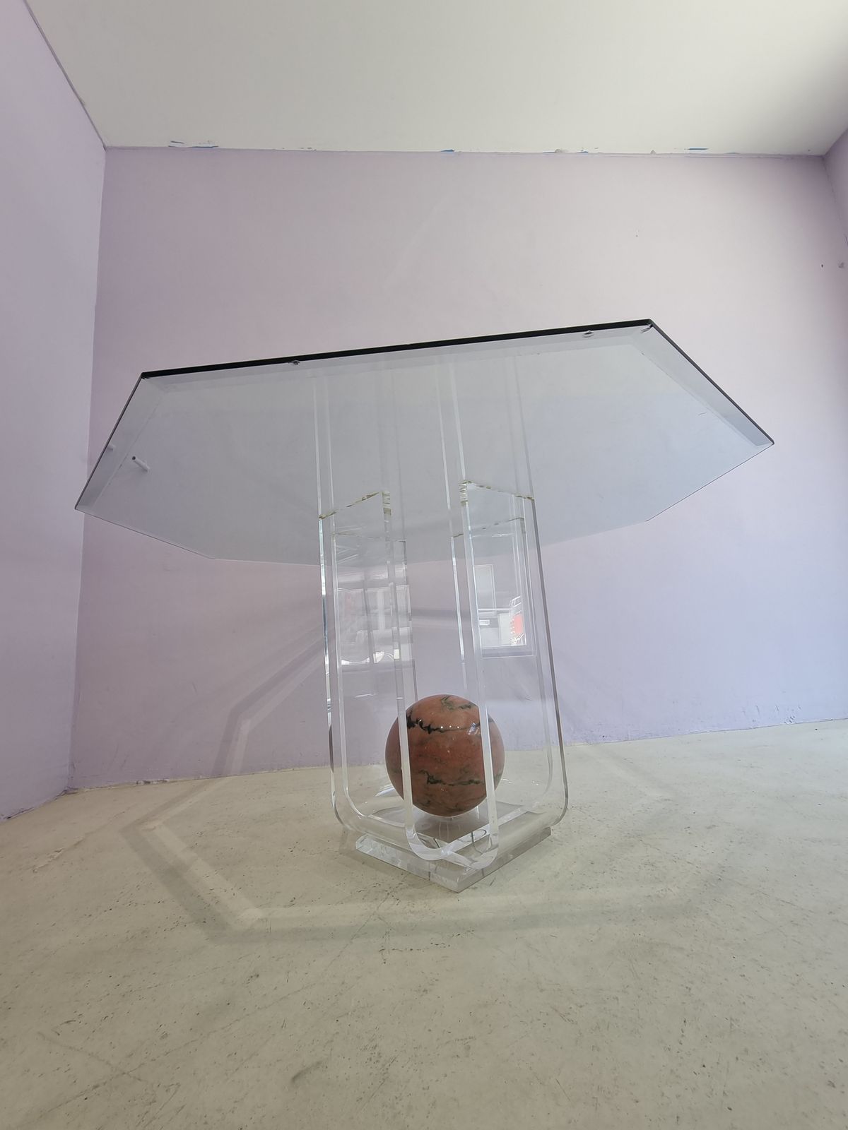 Unique Lucite Dining Table With Octagonal Glass Top And Pink Marble Sphere photo for sale