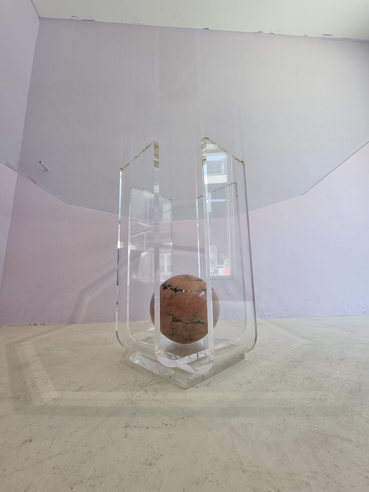 Unique Lucite Dining Table With Octagonal Glass Top And Pink Marble Sphere photo vinterior