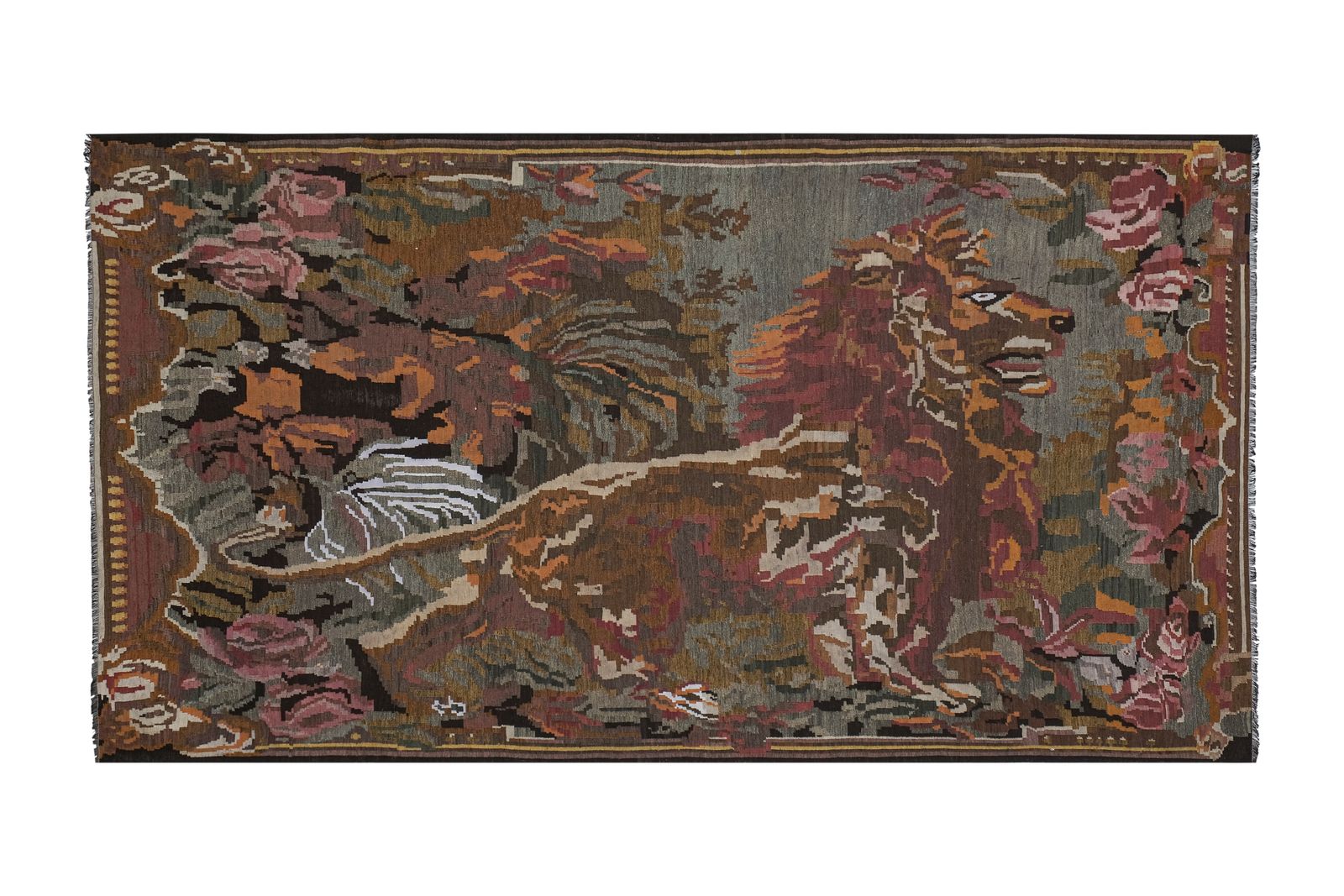 Vintage Anatolian Gabbeh Lion Kilim Rug 6'4'' X 11'5''