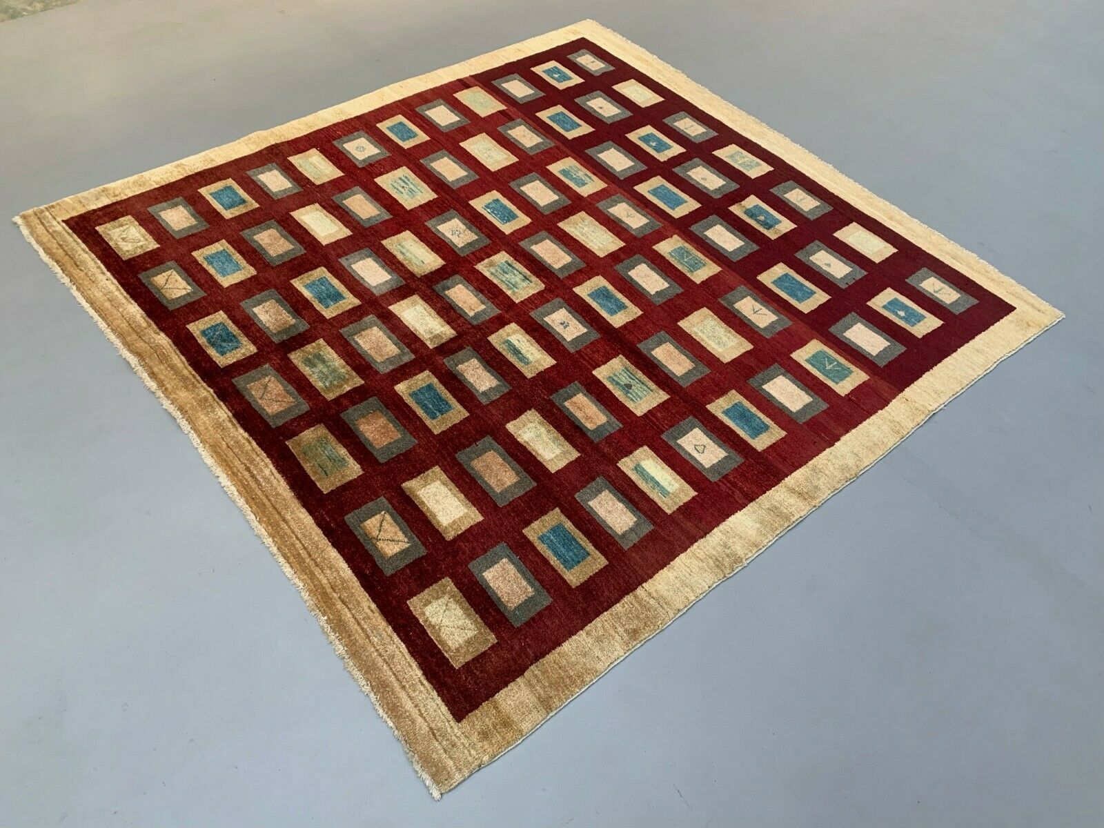 Afghan Chobi Art Deco Rug 183x173 Cm, Square Tribal Handmade,Wool, Beige photo for sale