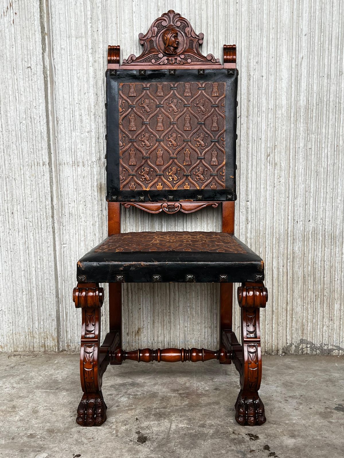 Early 20th Set Of Six Spanish Carved Chairs With Black & Brown Embossed Leather photo for sale