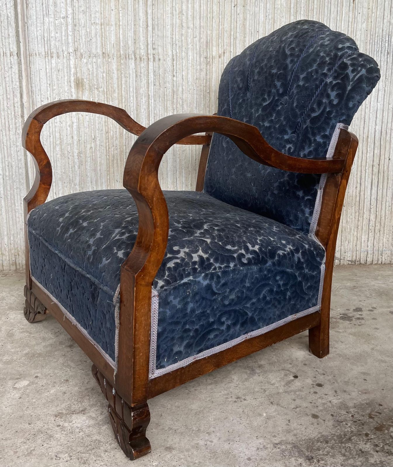 Pair Of Art Deco Club Armchairs With Blue Ink Damask Velvet photo Furniture