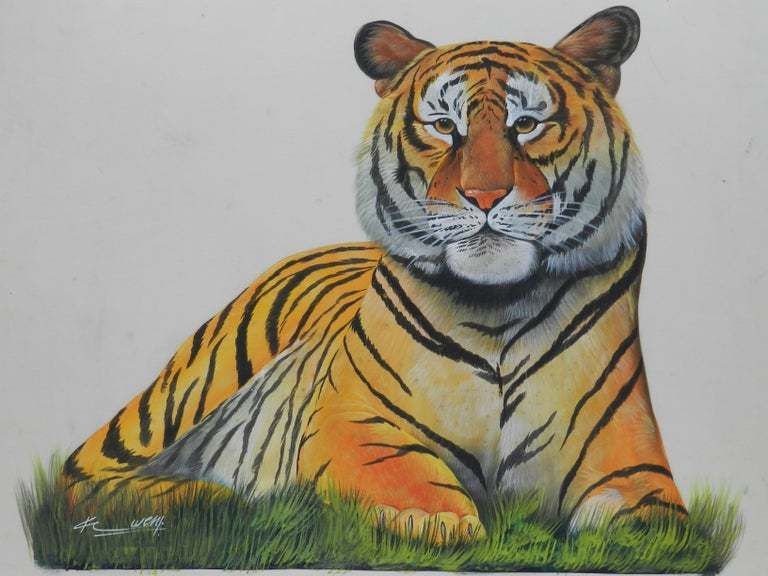 Tiger Watercolor Painting Signed By Artist 20th Century Asian