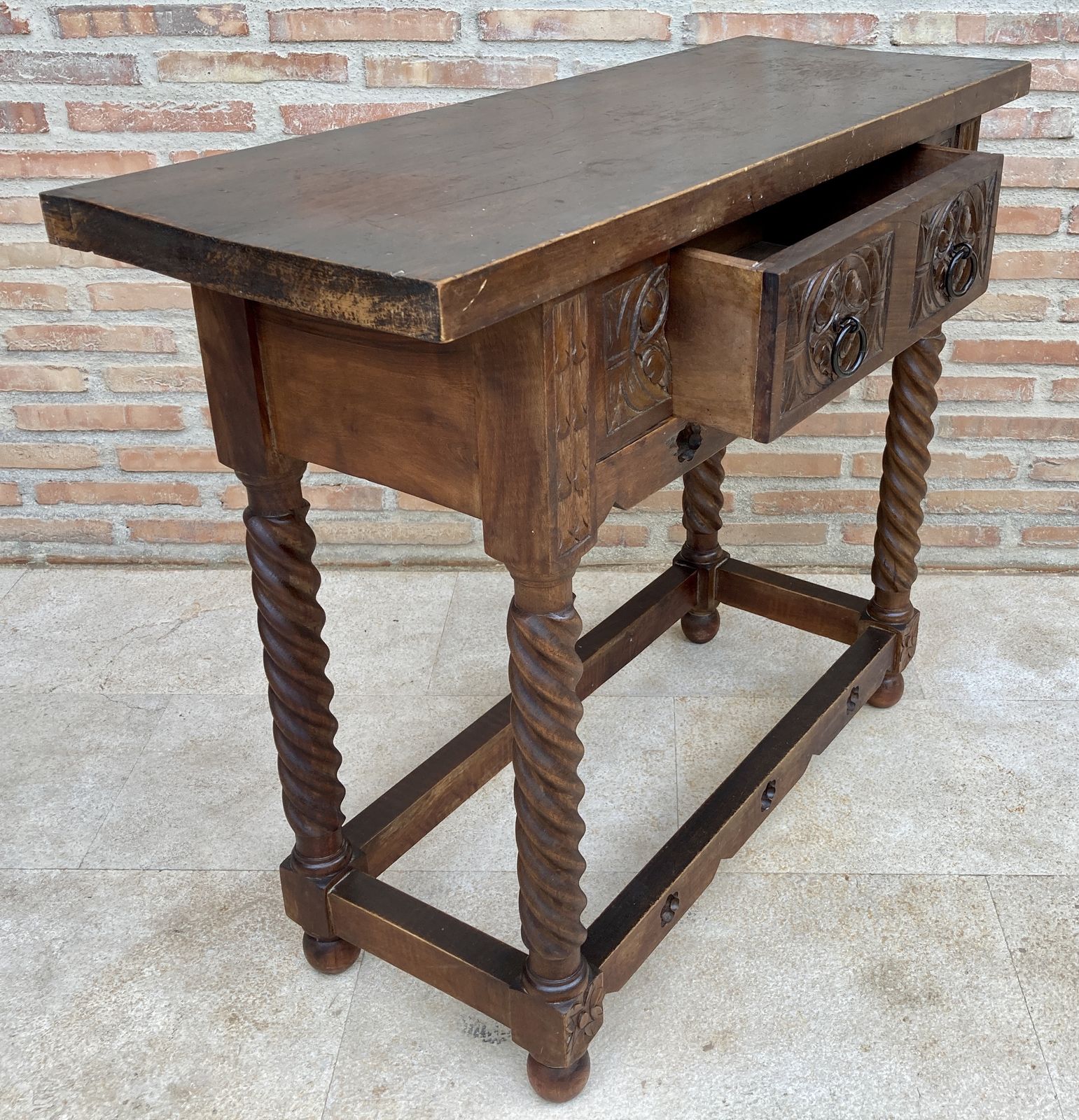 photo for sale Early 20th Century Catalan Spanish Carved Walnut Wood Console Table With One Drawer