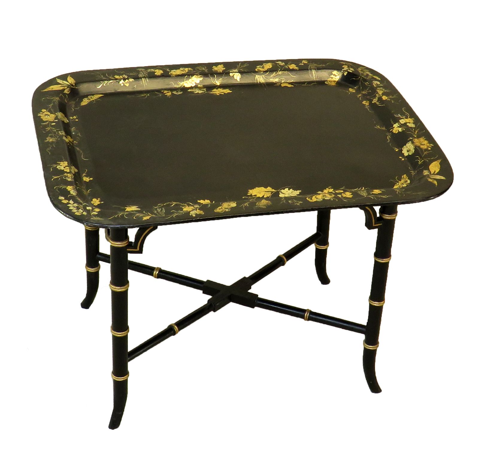 Antique Regency Oblong Papier Mache Tray On Stand (England, Circa 1830)