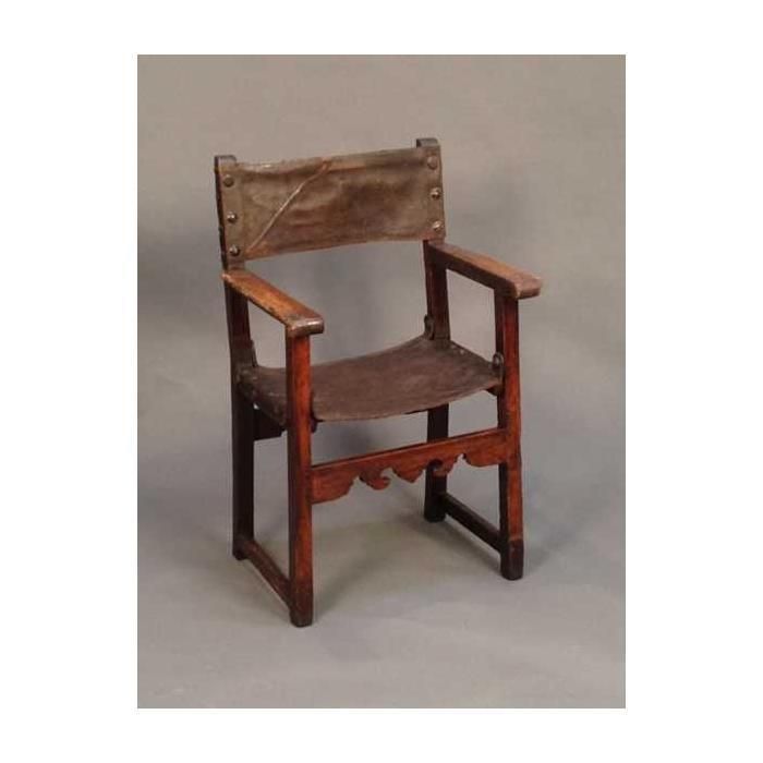 18thc Walnut Italian Leather Strap Back And Seat Armchair