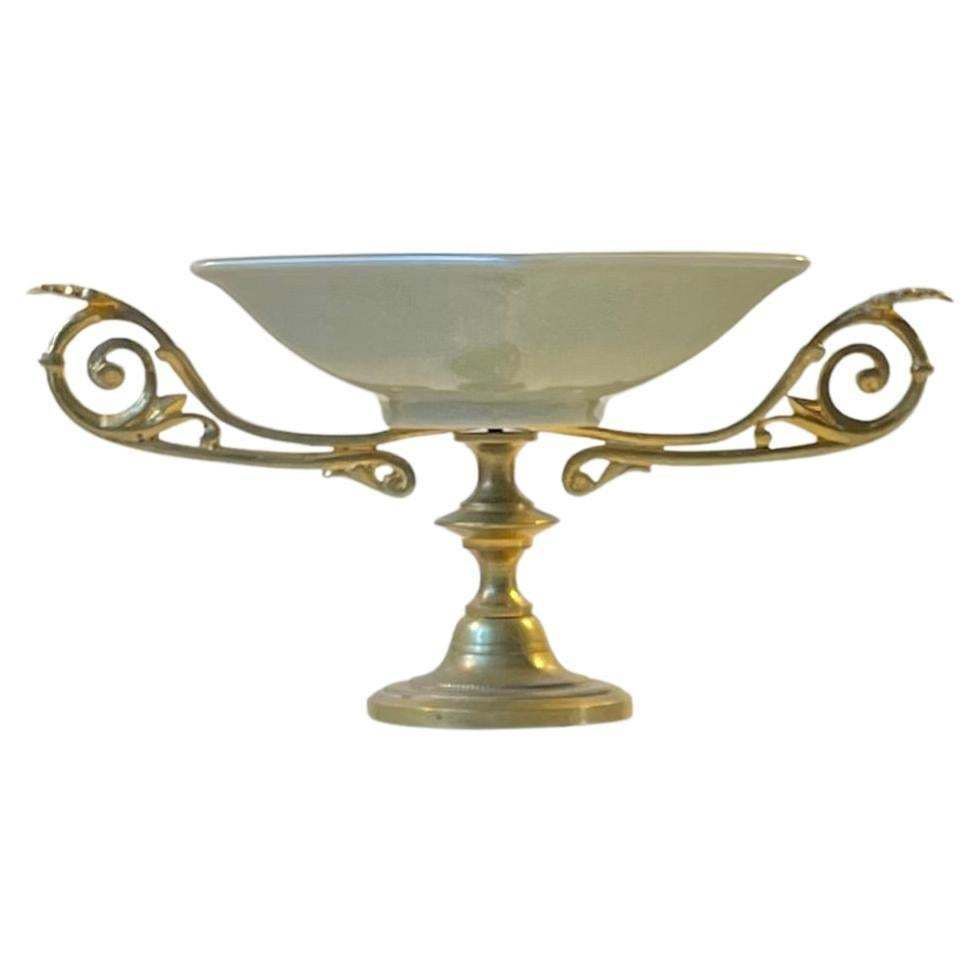 Vintage Faience & Brass Pedestal Chocolate Dish, Bonbonniere By Royal Copenhagen