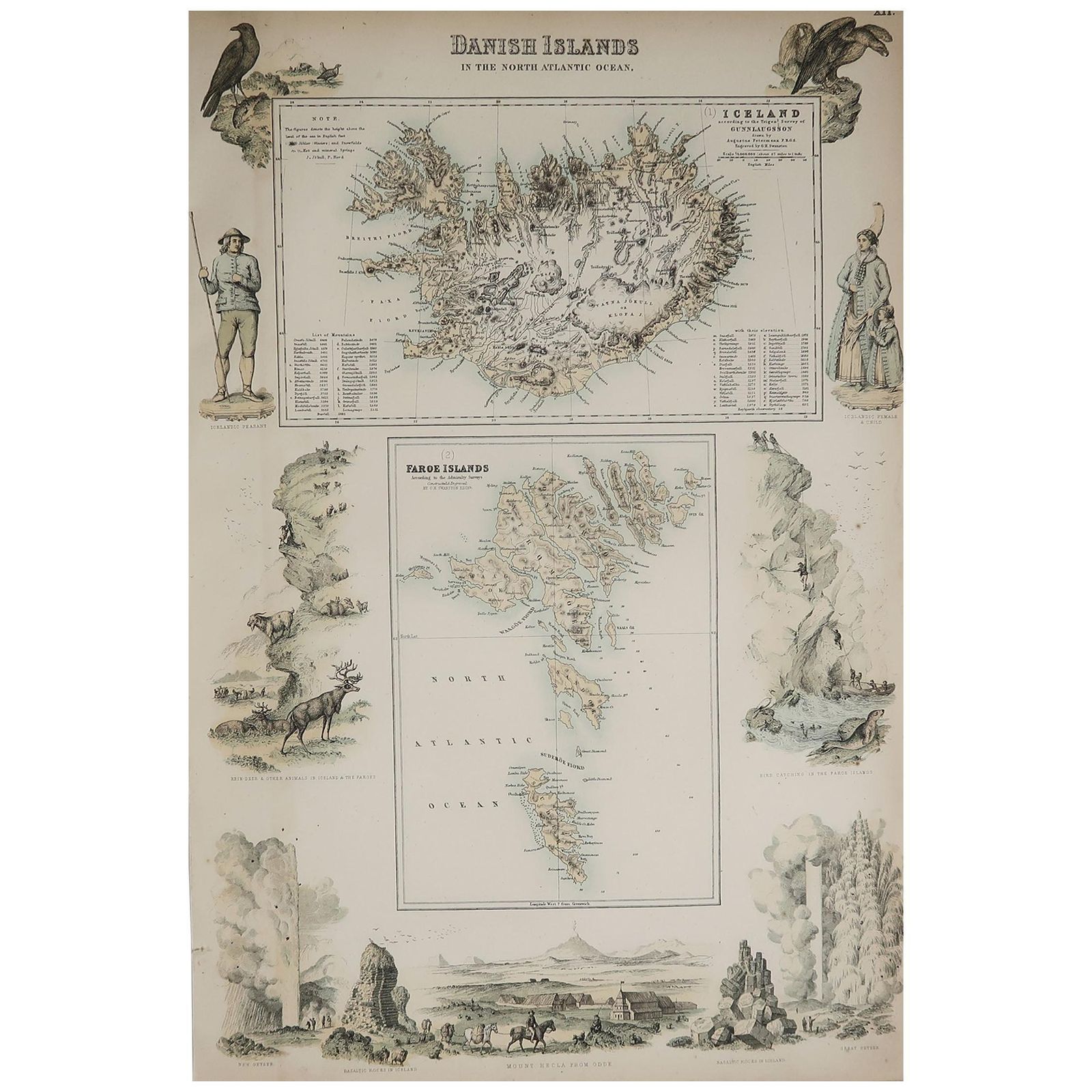 Original Antique Decorative Map Of Iceland And Faroe Fullarton C.1870