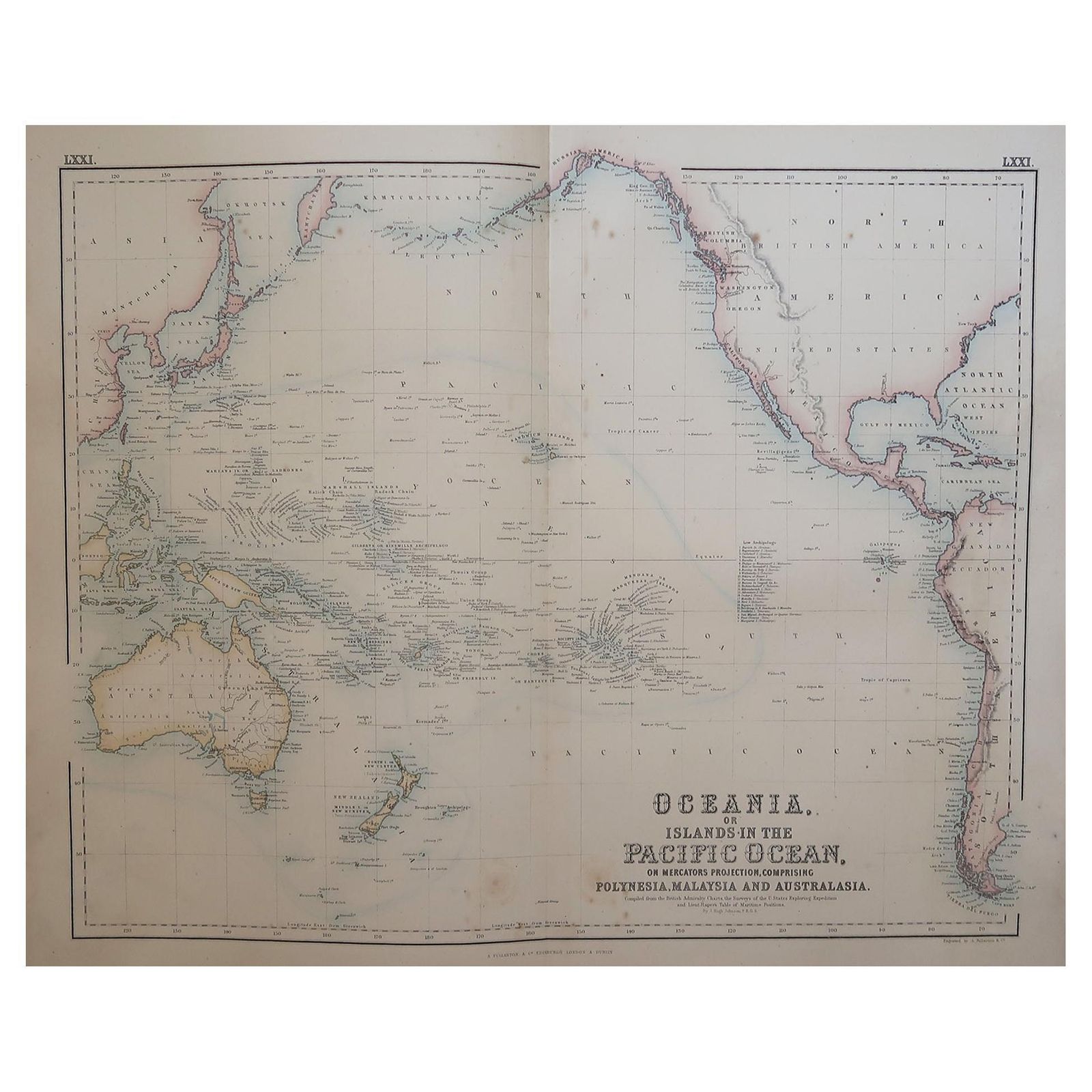 Large Original Antique Map Of The Pacific Ocean, Fullarton, C.1870