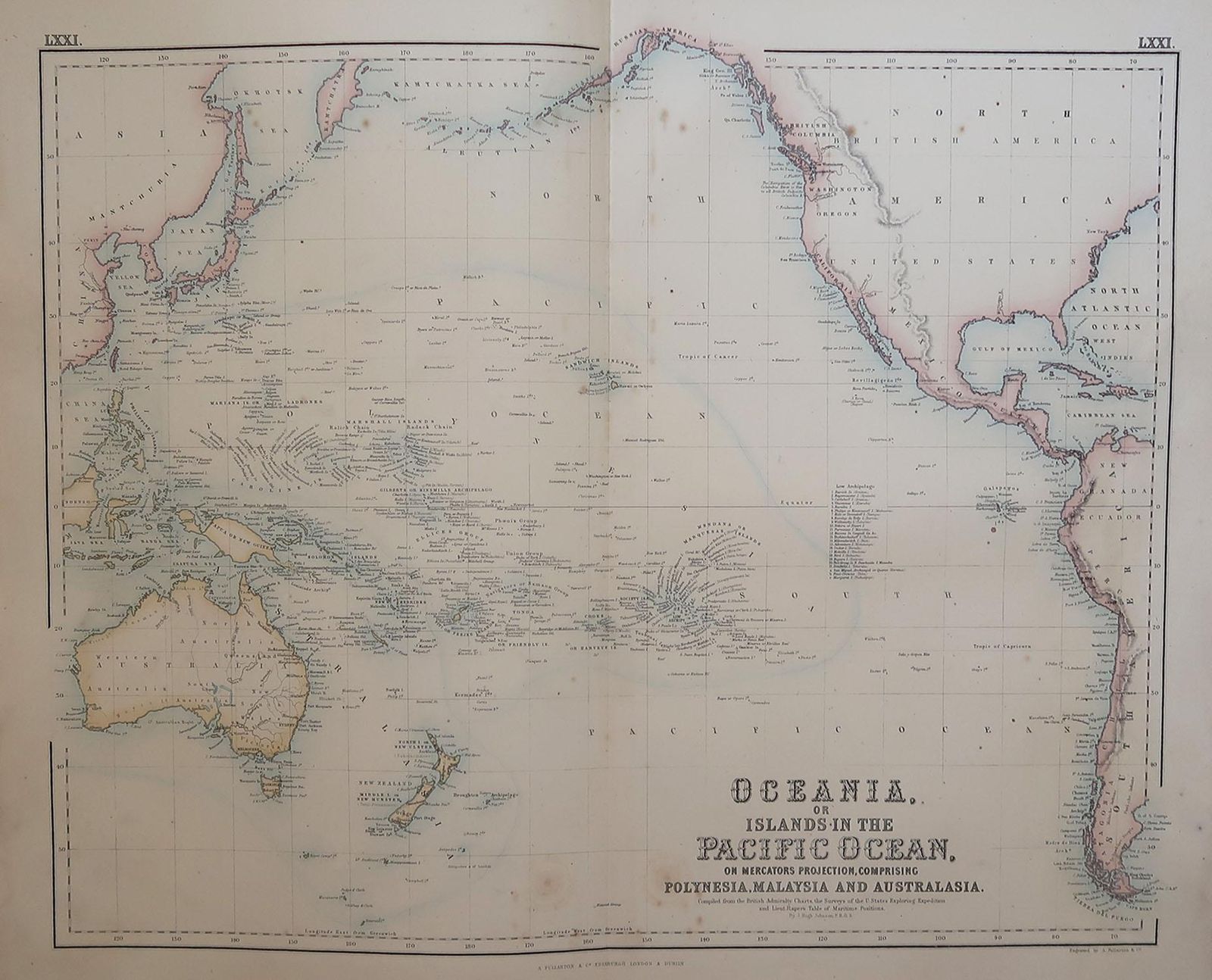 Large Original Antique Map Of The Pacific Ocean, Fullarton, C.1870 photo furniture