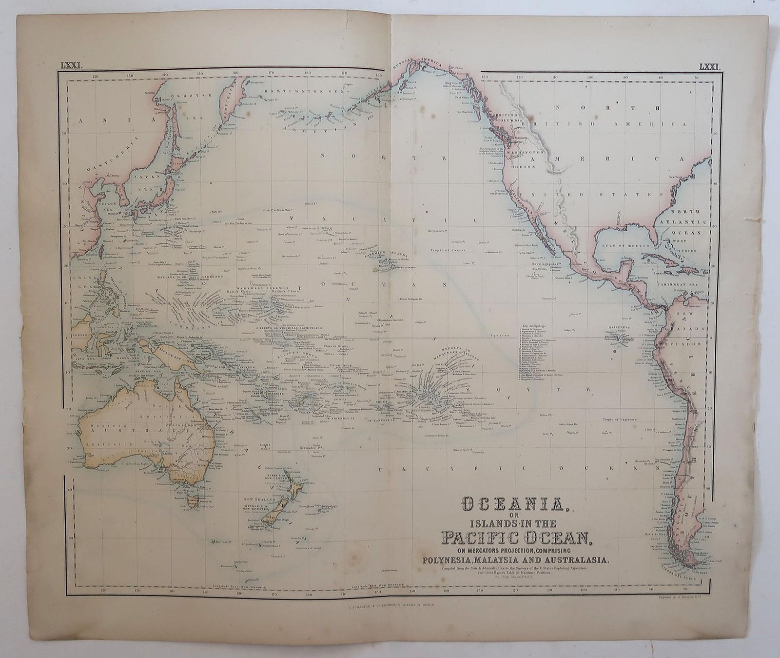 Large Original Antique Map Of The Pacific Ocean, Fullarton, C.1870 photo for sale