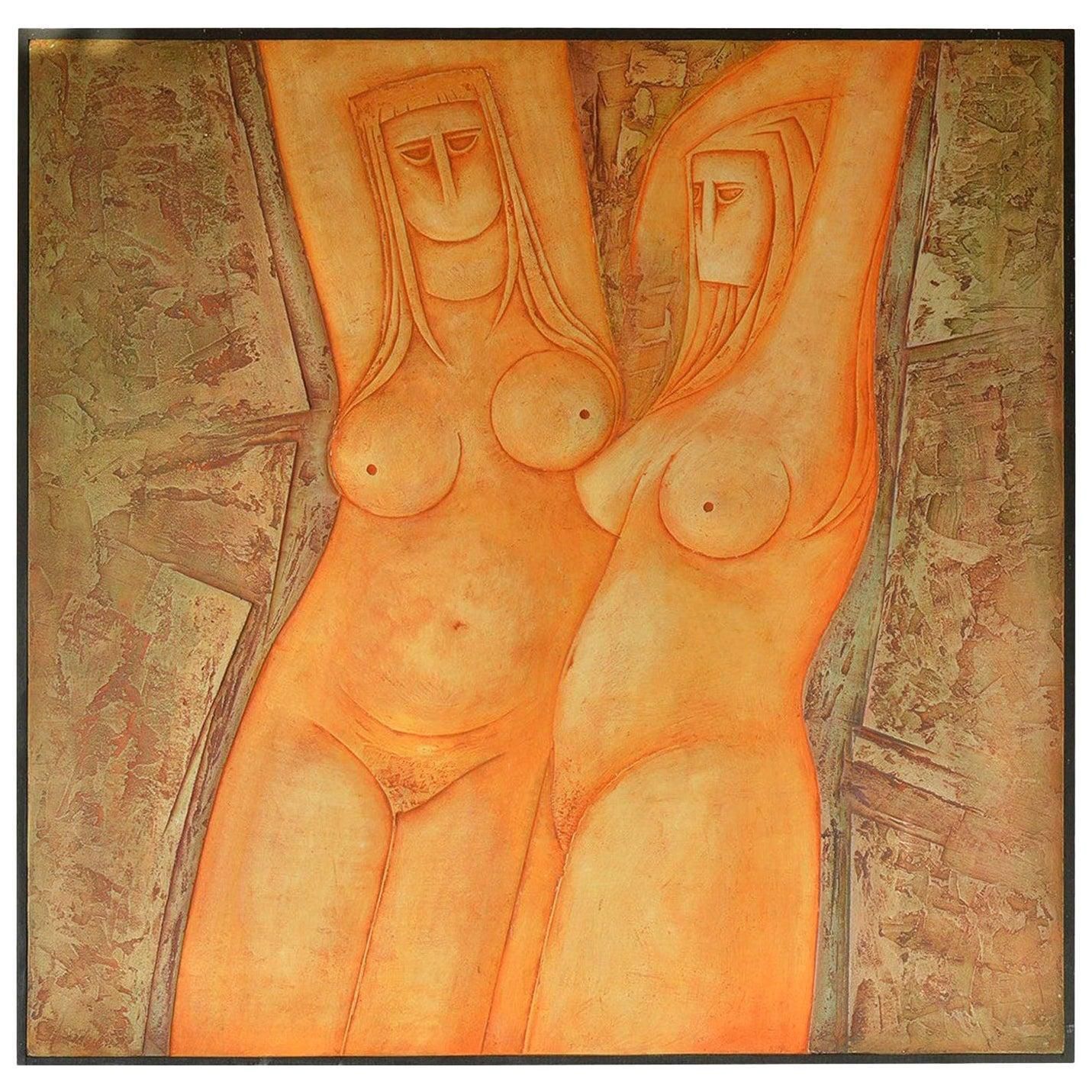Large Nude Painted Bas Relief. Eric Satchwell, 1973 photo furniture