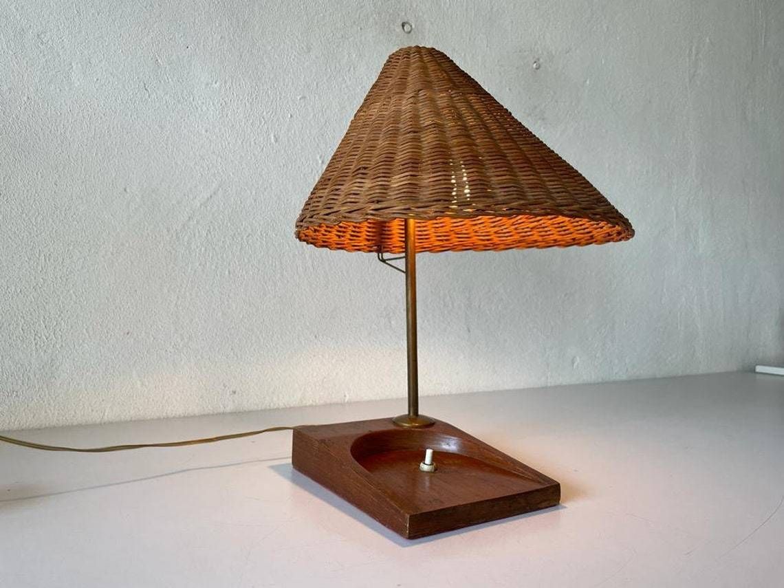 Mid Century Wicker & Wood Desk Lamp, 1950s, Italy photo furniture
