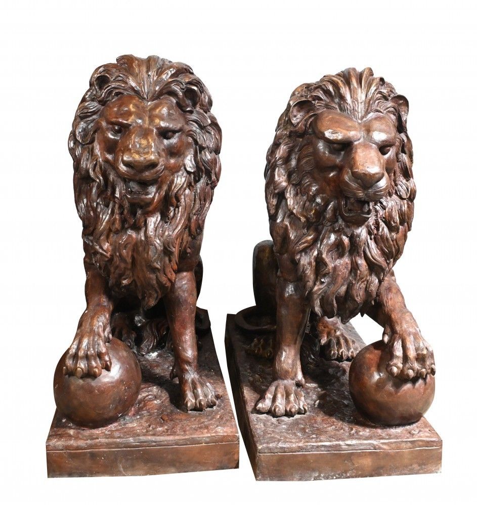 Pair Large Bronze Lion Statues   Medici Gatekeeper Lions photo furniture