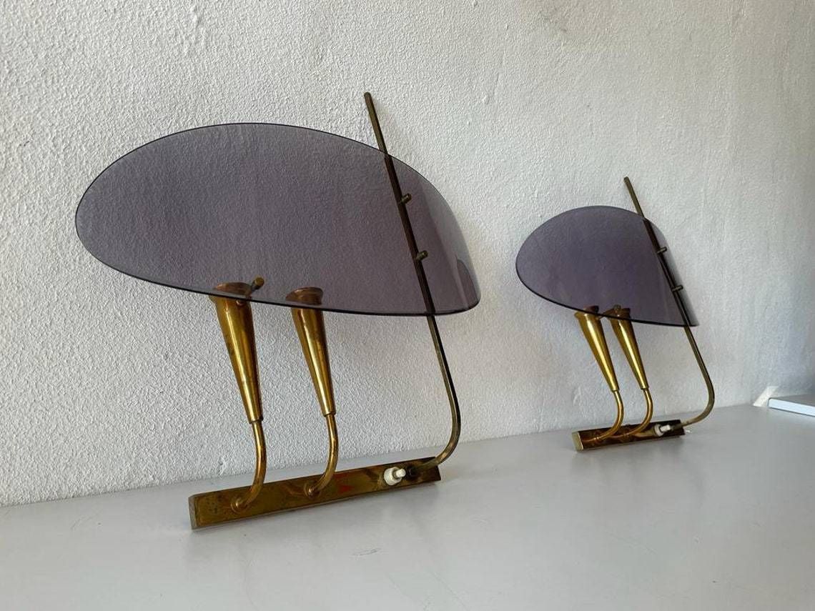 Italian Rare Purple Lucite And Brass Pair Of Sconces, 1950s, Italy photo for sale