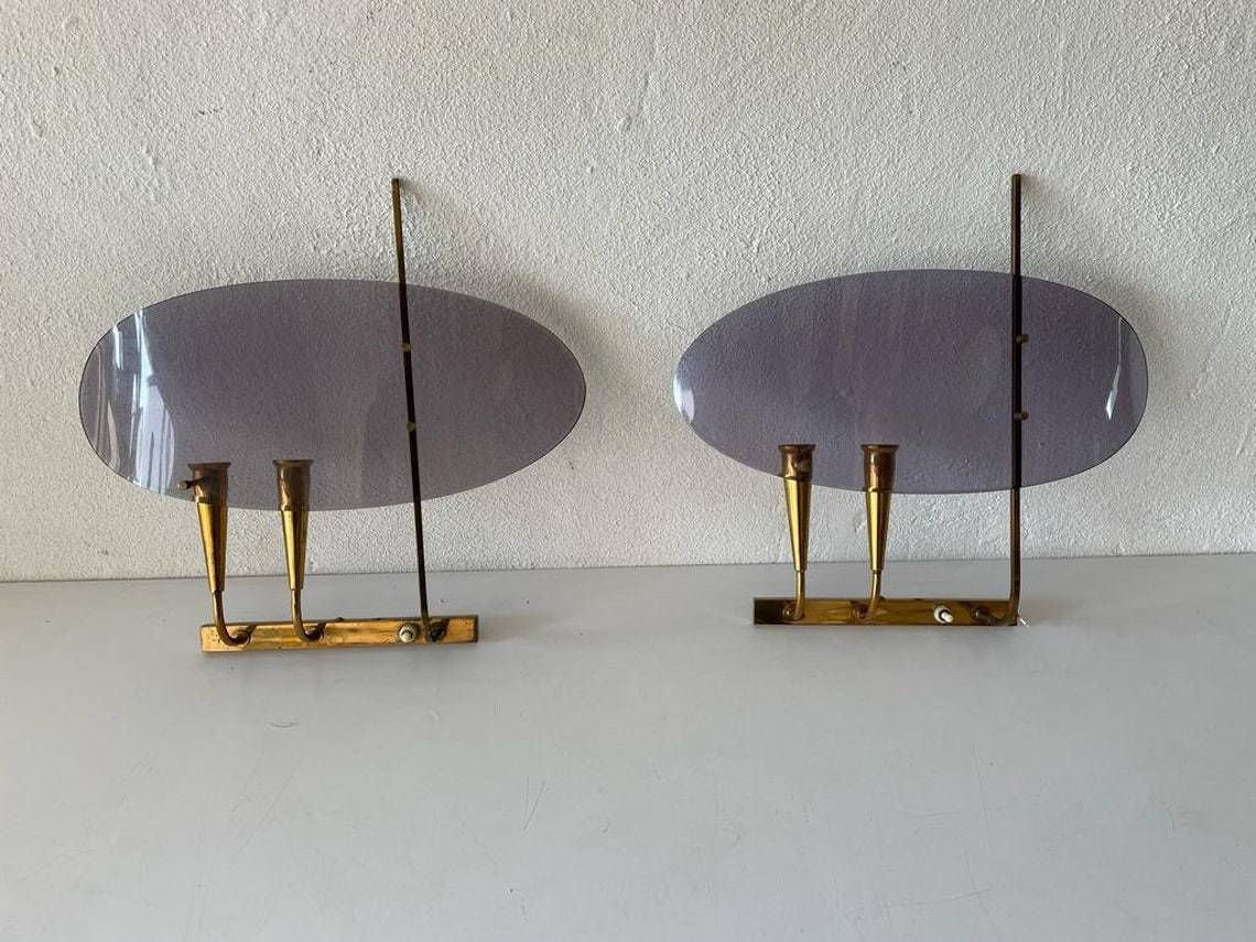 Italian Rare Purple Lucite And Brass Pair Of Sconces, 1950s, Italy photo Lighting