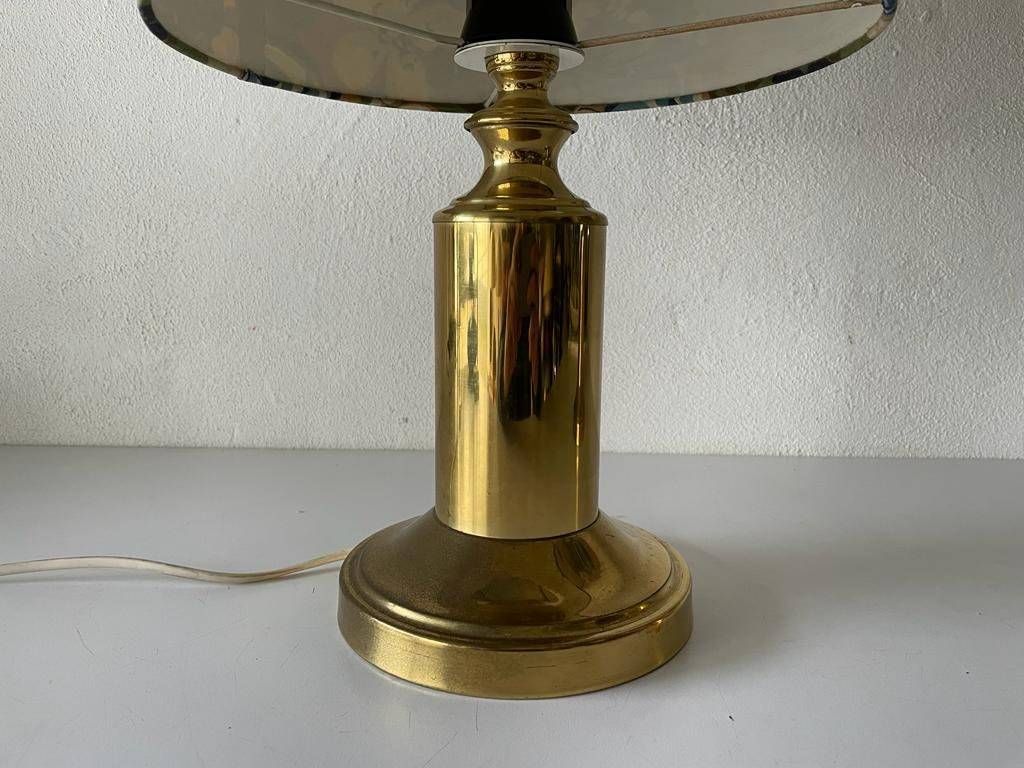 photo for sale Beautiful Flower Illustrated Fabric Shade & Brass Pair Of Table Lamps, 1980s