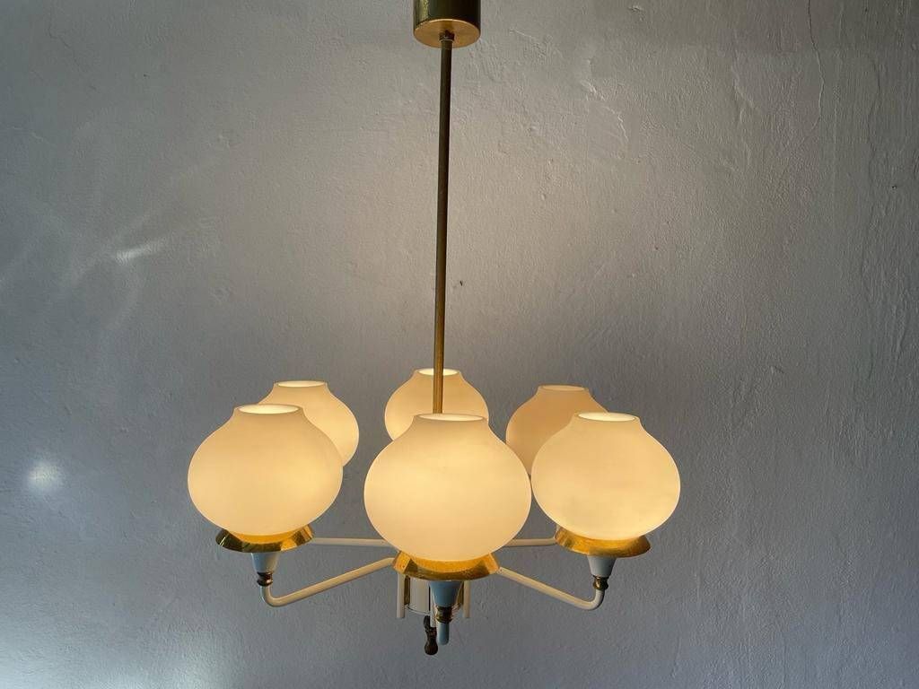 German Modern 6 Opal Glass And White Body Chandelier By Kaiser Leuchten, 1960s, Germany photo Lighting