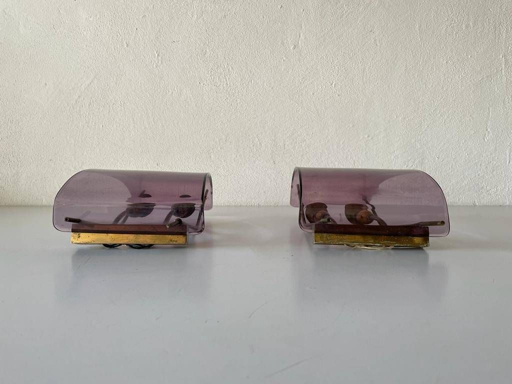 Italian Rare Purple Lucite And Brass Pair Of Sconces, 1950s, Italy photo buy